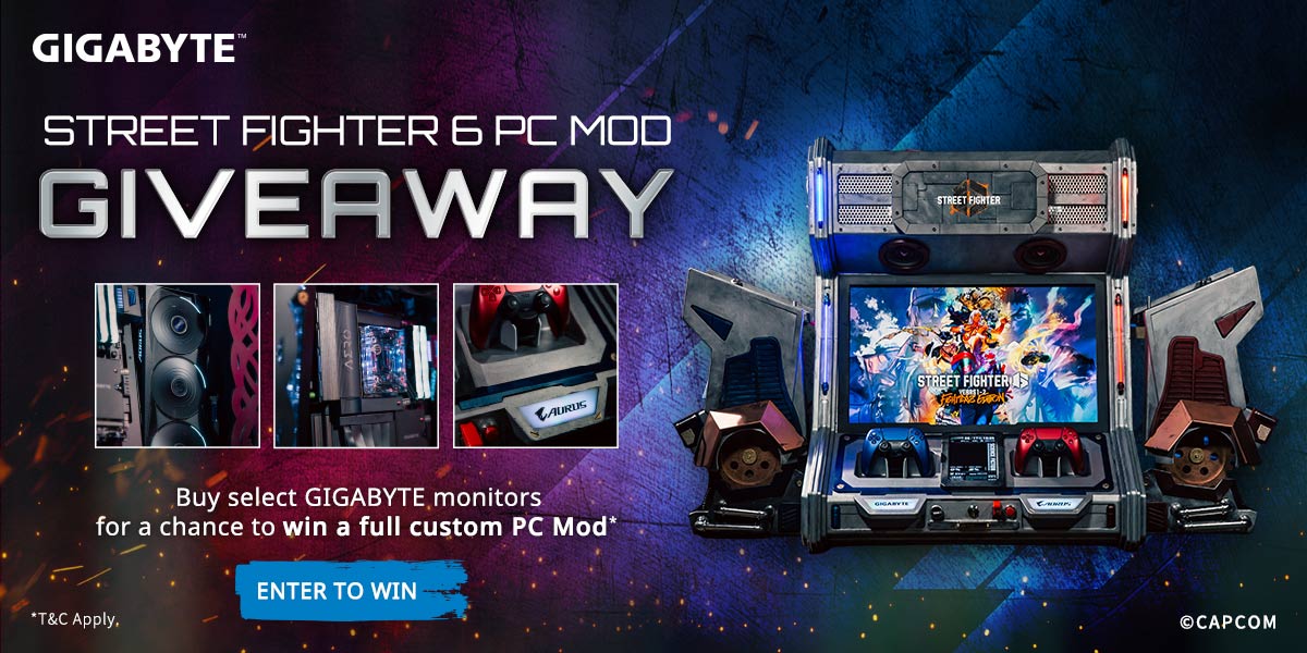 READY TO FIGHT! Buy select GIGABYTE monitor* for a chance to win a full custom Street Fighter PC Mod powered by GIGABYTE X870E AERO X3D DARK WOOD & AORUS GeForce RTX™ 5080 MASTER 16G!
